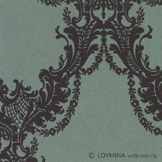 Флизелиновые обои "Boudoir"производства Loymina, арт.GT1 005/1, с классическим рисунком дамаска-медальона черного цвета на зеленом фоне, выбрать на сайте Одизайн, бесплатная доставка