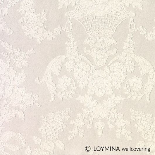 Флизелиновые обои "Bouquet" производства Loymina, арт.GT2 001, с классическим рисунком дамаска-медальона в серо-бежевый оттенках, купить в шоу-руме в Москве, бесплатная доставка