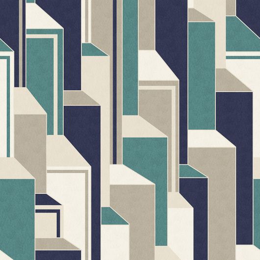 Обои флизелиновые Architector "Mondrian" артикул KTM1330 с узором из геометрических фигур синего , бирюзового и бежевого оттенка создающих 3Д объемный эффект