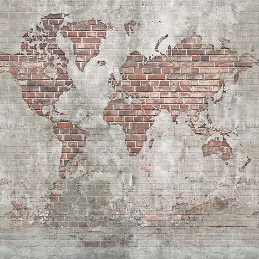 Фотопанно Brick Wall World Map, Mr Perswall с принтом красной кирпичной кладки в виде карты мира на фоне серой цементной штукатурки. Фотообои для стен, большой ассортимент, печать по индивидуальным размерам.