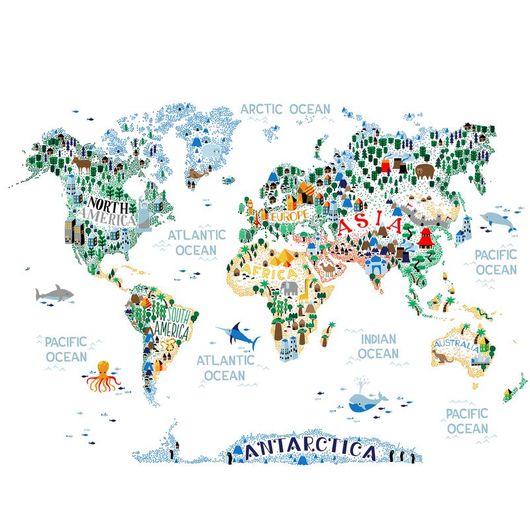Фотопанно The Cutest World Map Ever, Mr Perswall с изображением  шутливой карты мира, полной деталей и дружелюбных животных. Фотообои для стен в интернет-магазине, большой ассортимент, онлайн-оплата.