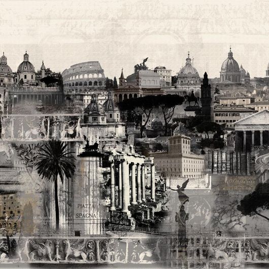 Фотопанно When In Rome, Mr Perswall демонстрирует панораму-коллаж классического Рима, представленную в драматичных серых тонах на серовато-белом фоне. Купить шведские фотообои для гостиной, прихожей в интернет-магазине, большой ассортимент.