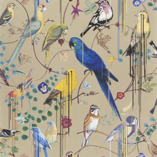 Дизайнерскиеобои от Christian Lacroix Birds Sinfonia с символичным рисунком из экзотических птиц и растений, на желтом фоне, с графичными линиями, для создания глубины и иллюзии движения, с доставкой до дома
