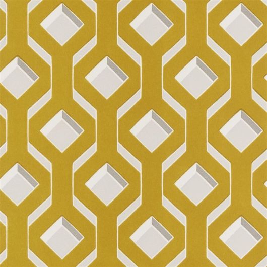 Заказать обои в гостиную арт. PDG1053/04  из коллекции Mandora от Designers Guild, Великобритания с современным геометрическим рисунком желто-горчичного цвета на сером фоне в шоу-руме  Одизайн, большой ассортимент