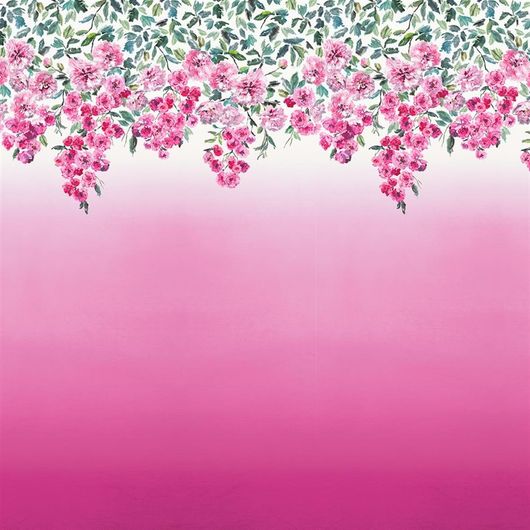 Брендовое фотопанно PDG656/01 из коллекции Shanghai Garden от Designers Guild, Великобритания с изображением бордюра с цветочным рисунком на фоне с эффектом градиентной растяжки в ярко розовом цвете на складе Москвы