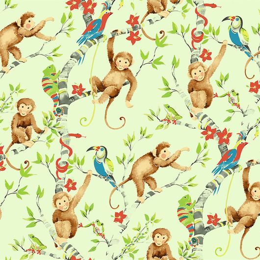 Обои с рисунком многоцветных птиц и животных  в на светло зеленом фоне в детскую для мальчиков и девочек