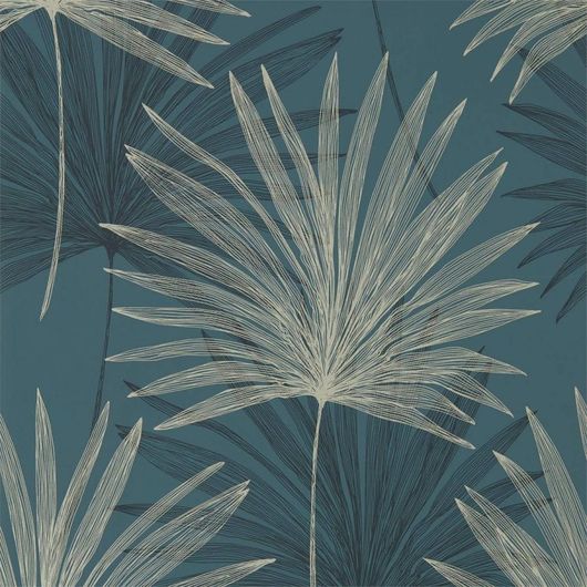 Выбрать обои в гостиную Mitende арт. 112226 из коллекции Mirador, Harlequin с рисунком из крупных пальмовых листьев на темно-синем фоне на сайте odesign.ru.