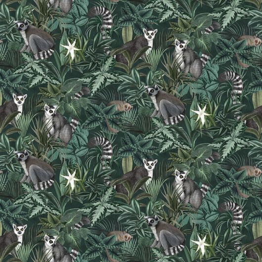 Фотопанно для гостиной "Madagascar", арт. 1190 с рисунком в виде диких лемуров в окружении зеленых джунглей. Оплата обоев может быть произведена в магазине в Москве или онлайн на сайте.
