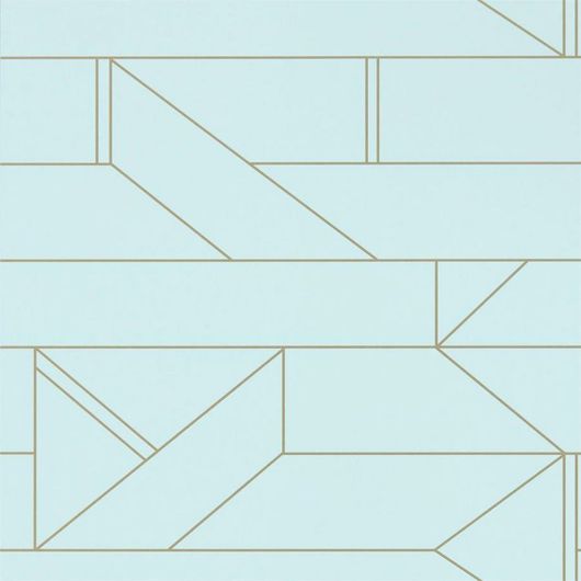 Выбрать обои в коридор арт. 112015 дизайн Barbican из коллекции Zanzibar от Scion, Великобритания с современным геометрическим принтом золотого цвета на серо-голубом фоне в интернет-магазине  в Москве, онлайн оплата