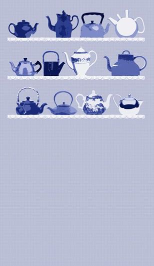 Фотообои DM217-1 с изображением полок с чайниками разных форм и стилей в сине-голубых тонах. Купить обои в Москве, шведские обои, фотообои, салон обоев, магазин обоев, бесплатная доставка.