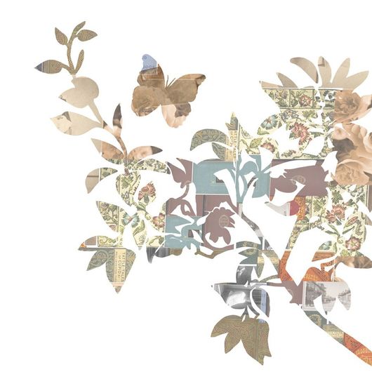 Фотопанно Silhouettes, Mr. Perswall с изображением силуэтов цветущей ветки и летящей над ней бабочки в технике, похожей на декупаж, бежевых, голубоватых и серых оттенков на белом фоне. Заказать фотообои для стен, большой ассортимент, бесплатная доставка.