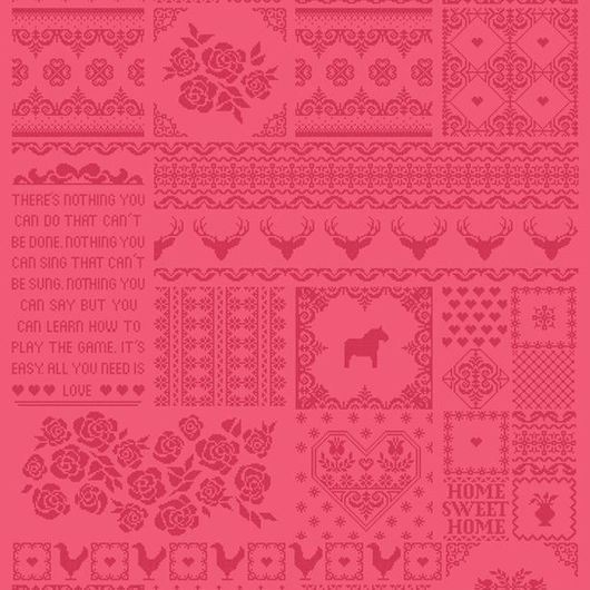 Фотообои Art of Stitchwork, Mr. Perswall с принтом, имитирующим вышитое крестиком панно из традиционных мотивов насыщенного ягодного оттенка на темно-розовом фоне. Продажа фотообоев для стен в Москве, большой ассортимент.