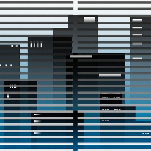Фотопанно A wall with a view, Mr. Perswall с графичным изображением большого светлого окна, прикрытого жалюзи, за которым скрывается городской пейзаж в оттенках синего. Продажа фотообоев для стен в салонах ОДизайн, купить, заказать.