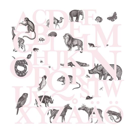 Фотообои  art P120402-6  Mr Perswall, коллекция "Hide & Seek" Швеция с изображением розовых букв шведского алфавита  и разных животных на белом фоне