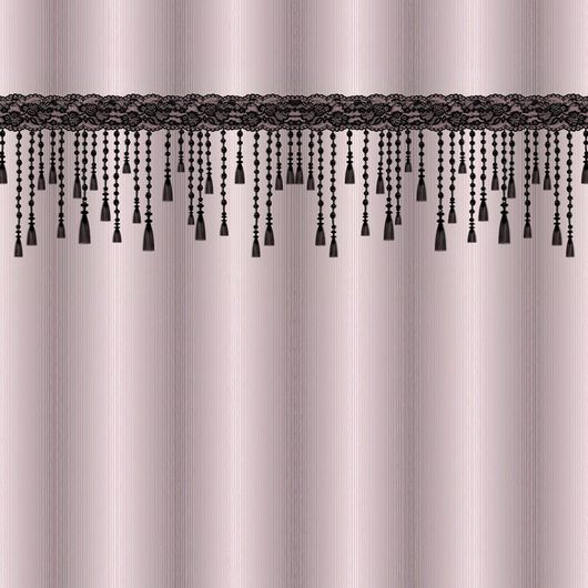 Флизелиновые фотопанно из Швеции коллекция FASHION от Mr.PERSWALL под названием STYLISH TASSELS. Панно с изображением тканевой бахромы черного цвета на фоне ткани фиолетового цвета в полоску. Фотообои для коридора, онлайн оплата