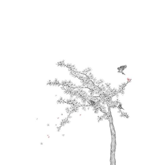 Черно-белое панно выполненное карандашной техникой, нежный рисунок цветущего дерева с птицами. Фотообои для спальни, панно для гостиной, фотопанно для коридора. Большой ассортимент, онлайн оплата, купить обои