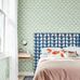 Интерьер спальни декорированной обоями цвета тиффани  Snowdrop из каталога Garden of Eden от Scion