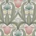 Обои в интерьере Fardis - Artisan арт. 11744. Дизайн напоминает средневековый стиль с угловатыми элементами, цветочный рисунок выполнен в розовых, цитрусовых и цвета морской волны оттенках с зеленой и серой растительностью на светло-сером фоне. Стильный интерьер, цветы на обоях, фото в интерьере.