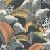 Флизелиновые обои Hoopoe Leaves от Cole & Son в оттенках кораллового и желтого на черном фоне с пышным графичным узором из листьев и цветов среди которых прячутся удоды, жуки и богомолы. Купить английские обои в салонах Москвы.