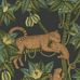 Обои для комнаты Satara от Cole & Son в оттенках зеленого и бронзового металлика на древесно-угольном фоне с узором из экзотических деревьев, на ветках которых сидят леопарды. Заказать английские обои в интернет-магазине.