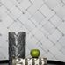 Обои из Швеции коллекция Front , Рисунок под названием TILTED WEAVE представляет собой динамичный ромбический орнамент создается диагональным переплетением белых полос разной толщины. На фоне обоев декоративная ваза и яблоко. Шведские обои купить, салон обоев О-Дизайн, бесплатная доставка, оплата онлайн, большой ассортимент.