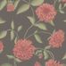 Цветочные обои Dahliadrom артикул 5719 из каталога Orangeri от Borastapeter украшены классическим крупным цветочным рисунком в виде гирлянды бордово красных георгинов на темном фоне