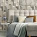 Интерьер спальни декорированный обоями  Architector "Mondrian" артикул KTM1320 с архитектурным, объемным 3Д узором в серо бежевых тонах