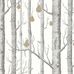 Рисунок обоев Woods & Pears изображает рощу с темно-серыми деревьями без листьев на белом фоне, которые дизайнеры украсили золотыми грушами. Английские обои. Купить обои для комнаты.