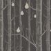 Рисунок обоев Woods & Pears изображает рощу с деревьями без листьев, серебряные контуры на фоне цвета полуночной тьмы, которую дизайнеры украсили грушами. Английские обои. Купить обои для комнаты.