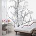 Фотообои арт. P031802-8 Perswall Швеция с изображением дерева рябины серо-черного цвета на белом фоне в интерьере спальни