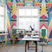 Фрагмент интерьера с потрясающим многоцветным фотопанно Bright Side - Happy, Mr Perswall с орнаментом, вдохновленным африканским искусством. Купить фотопанно для стен в салонах ОДизайн, бесплатная доставка.
