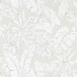 Заказать английские обои в столовую арт. 112026 дизайн Parlour Palm из коллекции Zanzibar от Scion, Великобритания с принтом в виде пальмовых листьев белого цвета на бежевом фоне в интернет-магазине Odesign.ru