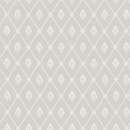 Обои Alma от Cole & Son с элегантным викторианским орнаментом, состоящим из миниатюрных стилизованных листочков в обрамлении трельяжной решетки из бус на фоне прохладного серого цвета. Выбрать, заказать обои для гостиной, спальни в интернет-магазине, бесплатная доставка.