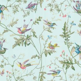 Живописные обои Hummingbirds от Cole & Son с изображением очаровательных колибри с разноцветным оперением, порхающих среди изящных ветвей и дивных цветов на светло-голубом фоне. Купить обои для столовой, гостиной  или детской в салонах ОДизайн, онлайн оплата.