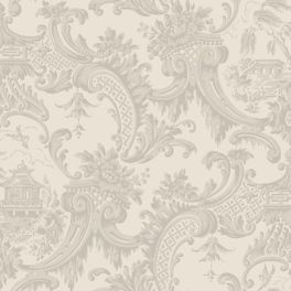 Обои Chippendale China от Cole & Son с витиеватым восточным орнаментом пепельно-серого цвета, в который органично вплетены изображения пагод, украшенных цветами и порхающими вокруг птицами. Купить обои для гостиной, кабинета в Москве