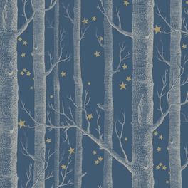 Обои Woods & Stars  ̶  это классический дизайн Cole & Son, с таинственным лесом из прорисованных мелкими штрихами деревьев на фоне цвета ночной синевы, дополненный мерцающими золотыми звездами. Купить обои для комнаты в салонах ОДизайн. Большой ассортимент.