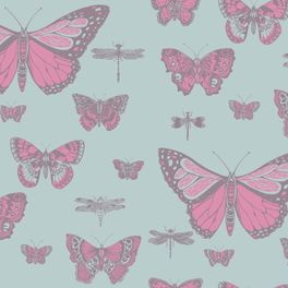 Обои из Великобритании коллекция  WHIMSICAL от COLE & SON. Обои Butterflies & Dragonflies разномасштабные бабочки и стрекозы для детской в голубовато-розовых тонах. Купить обои в интернет-магазине, онлайн оплата, бесплатная доставка.