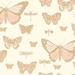 Обои из Великобритании коллекция  WHIMSICAL от COLE & SON. Обои Butterflies & Dragonflies разномасштабные бабочки и стрекозы для детской в золотисто-розовых тонах. Купить обои в интернет-магазине, онлайн оплата, бесплатная доставка.