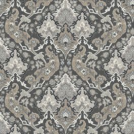 Источником вдохновения для дизайна Pushkin от Cole & Son стала пышная красота персидских ковров. Роскошный орнамент в элегантных угольных и серых оттенках с восточными мотивами придаёт обоям драматичность и богемный шик. Выбрать обои в интернет-магазине, бесплатная доставка.