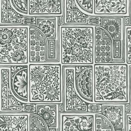 Дизайн обоев Bellini от Cole & Son составлен из чередования плиток с цветочными мотивами и геометрическими узорами цвета древесного угля на белом фоне,нарисованными в акварельной технике . Обои для кухни, гостиной. Купить обои в салонах Москвы.