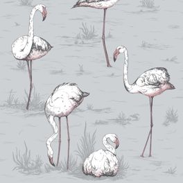 Флизелиновые обои Flamingos от Cole & Son Арт. 112/11040, с причудливым узором из белых фламинго с розовыми нюансами, на светло-сером фоне. Обои в спальню, купить в магазине Одизайн, бесплатная доставка