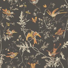 Романтичный цветочный принт «Колибри» изображает нежных птиц, сидящих на листве. Архивный рисунок Cole & Son впервые был напечатан методом блочной печати в 18 веке. Арт. 112/4017 представлен в имбирных тонах
 на фоне древесноугольного цвета. Обои в гостиную, стильные обои, флизелиновые обои