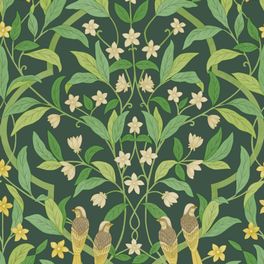 Флизелиновые обои пр-во Великобритания коллекция Seville от Cole & Son, рисунок под названием Jasmine & Serin Symphony изящный растительный узор с птицами на зеленом фоне. Обои для гостиной, обои для спальни, обои для кухни. Онлайн оплата, большой ассортимент, купить обои в интернет-магазине Одизайн