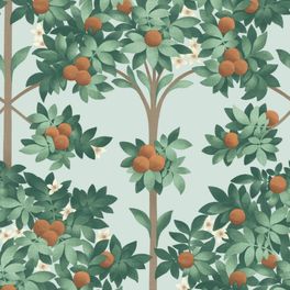Флизелиновые обои пр-во Великобритания коллекция Seville от Cole & Son, с рисунком под названием Orange Blossom фруктовые деревья на светло-голубом фоне. Обои для гостиной, обои для кухни, обои для спальни. Онлайн оплата, большой ассортимент, бесплатная доставка