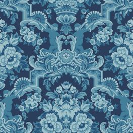 Флизелиновые обои пр-во Великобритания коллекция Seville от Cole & Son, рисунок под названием Lola крупный дамаск голубого цвета на темно-синем фоне. Обои для гостиной, обои для спальни, обои для кабинета. Большой ассортимент, бесплатная доставка, купить обои