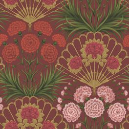 Флизелиновые обои пр-во Великобритания коллекция Seville от Cole & Son, волнующий цветочный рисунок под названием Flamenco Fan на красном фоне. Обои для гостиной, обои для спальни. Купить обои в салоне Одизайн, большой ассортимент, бесплатная доставка
