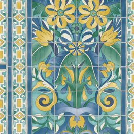 Флизелиновые обои пр-во Великобритания коллекция Seville от Cole & Son, с рисунком под названием Triana имитация расписанной керамической плитки преимущественно синий цвет. Обои для кухни, обои для гостиной, обои для коридора. Онлайн оплата, купить обои, большой ассортимент