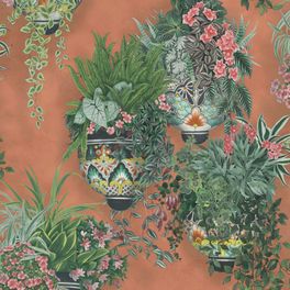 Флизелиновые обои пр-во Великобритания коллекция Seville от Cole & Son, рисунок под названием Talavera имитация стены терракотового цвета с цветами в горшках. Обои для гостиной, обои для кухни, обои для прихожей. Купить обои в салоне Одизайн, бесплатная доставка, оплата онлайн