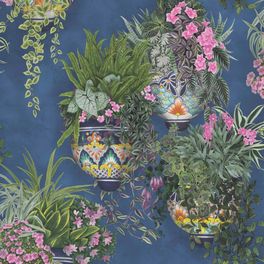 Флизелиновые обои пр-во Великобритания коллекция Seville от Cole & Son, рисунок под названием Talavera имитация стены синего цвета с цветами в горшках. Обои для гостиной, обои для кухни, обои для прихожей. Купить обои в салоне Одизайн, бесплатная доставка, оплата онлайн