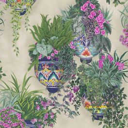 Флизелиновые обои пр-во Великобритания коллекция Seville от Cole & Son, рисунок под названием Talavera имитация стены серого цвета с цветами в горшках. Обои для гостиной, обои для кухни, обои для прихожей. Купить обои в салоне Одизайн, бесплатная доставка, оплата онлайн